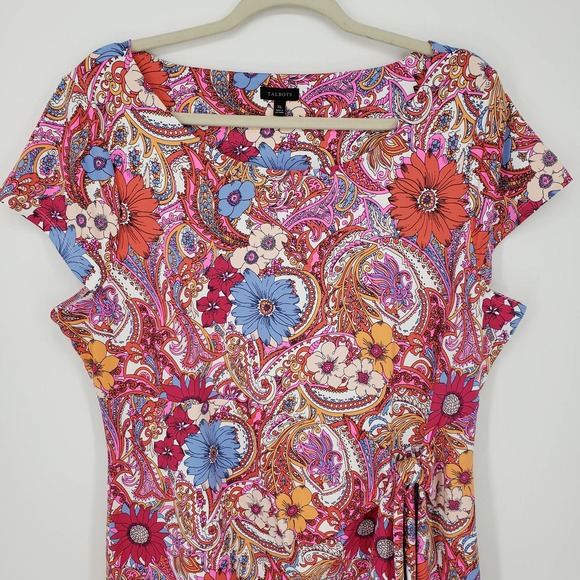 Talbots Island Floral Paisley Dress XL Knot Tie Catalina Cloth Short Sleeve Pink - Picture 8 of 13